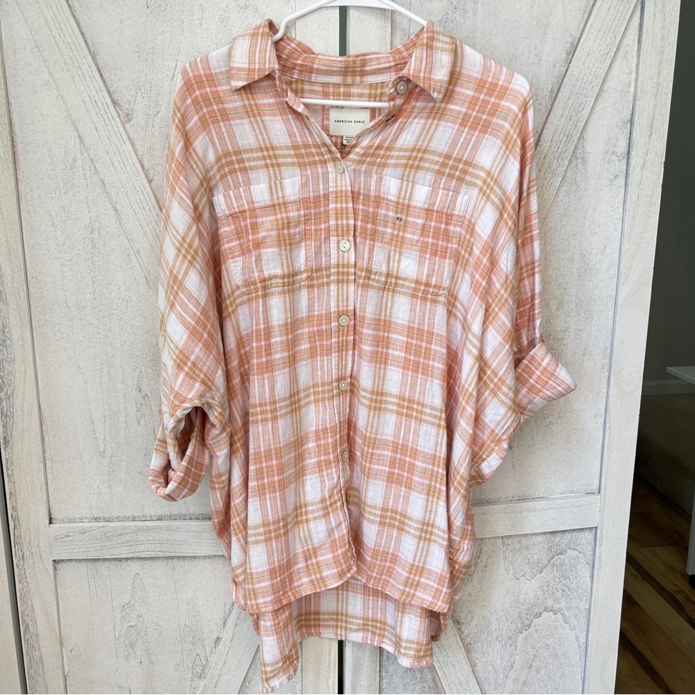American Eagle Plaid Top Women’s XS Linen Blend Oversized NWT